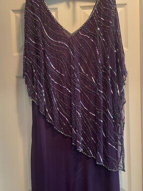 J Kara Beautiful Beaded Pop Over Long Plum Dress 14W